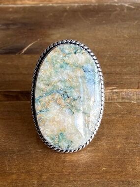 Boho Women Ring Adjustable Size 6 Mariposite Gemstone Silver 925 Green Cream